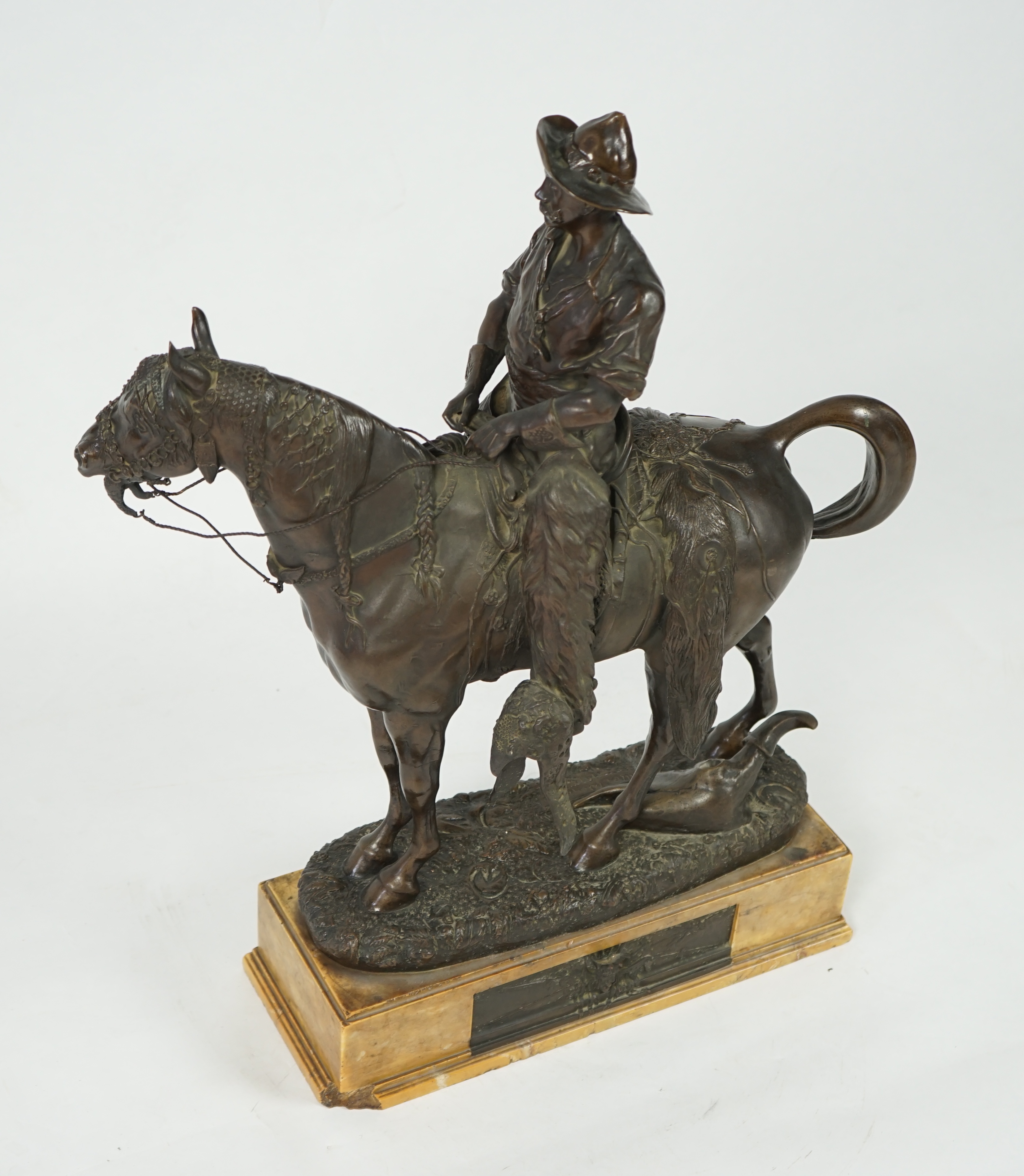 Walter Winans (St. Petersburg, 1852-Parsloe Park, Essex, 1920), a cast bronze of the artist, as a cowboy, riding the Arab stallion Skowronek, 50cm wide, 66cm high, overall 79.5cm high